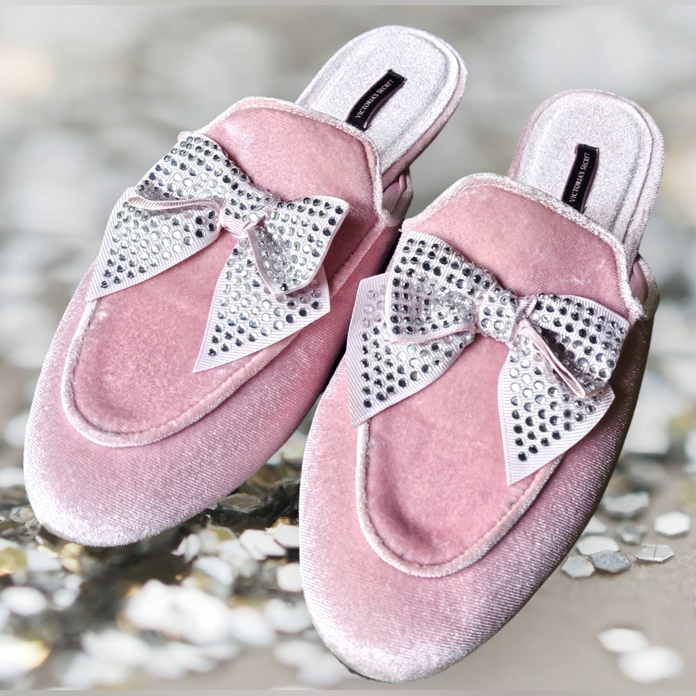 Victoria's Secret Rhinestone Bow Velvet Pink Slide Slippers Size Small